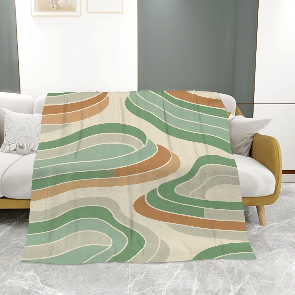 Retro Blanket on Sofa Retro green and terracotta flannel throw on white couch
