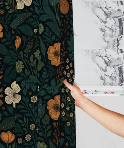 Person holding floral shower curtain in bathroom setting