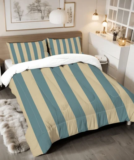 Teal and sand stripe king comforter on bed