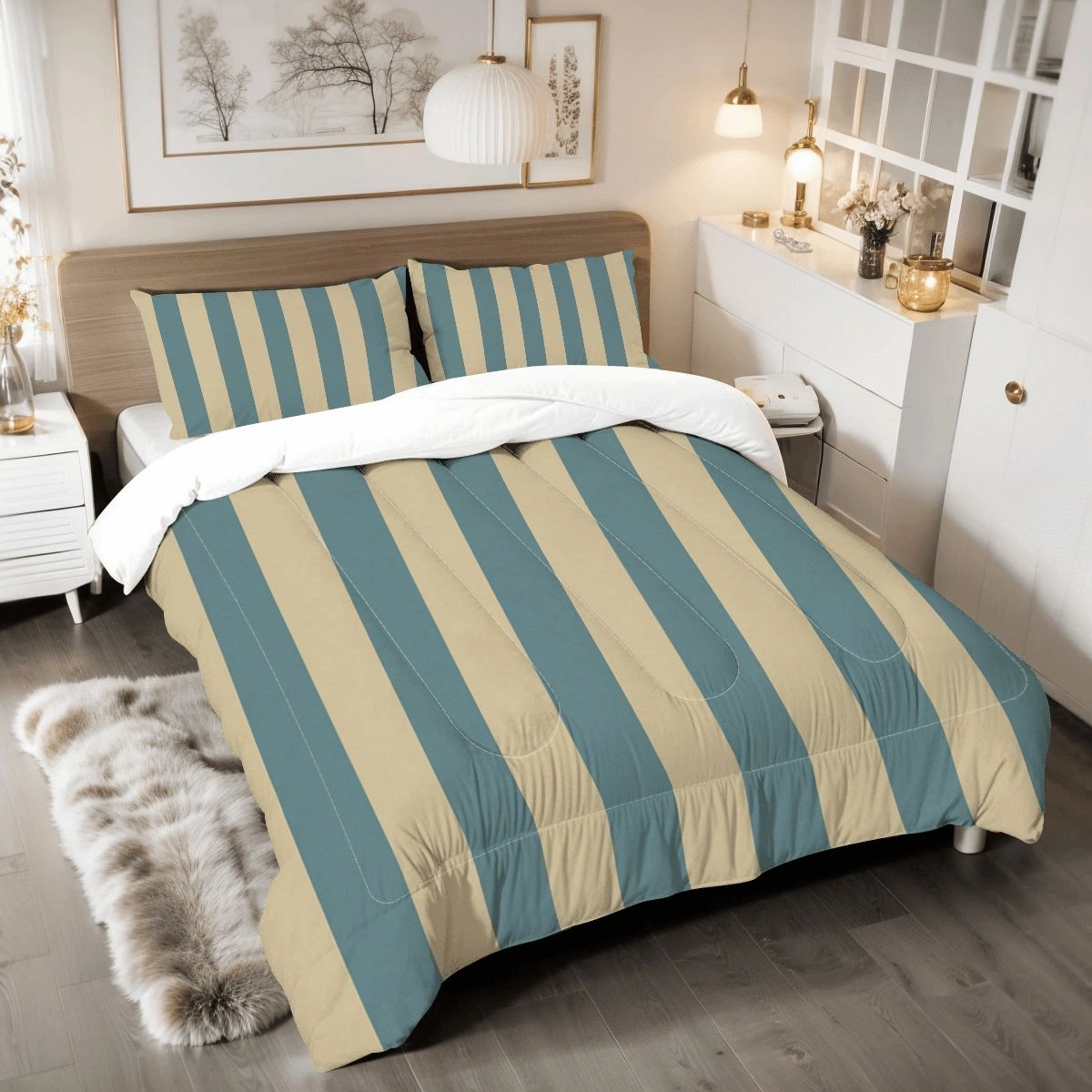 Teal Stripe Comforter Display Teal and sand stripe king comforter on bed