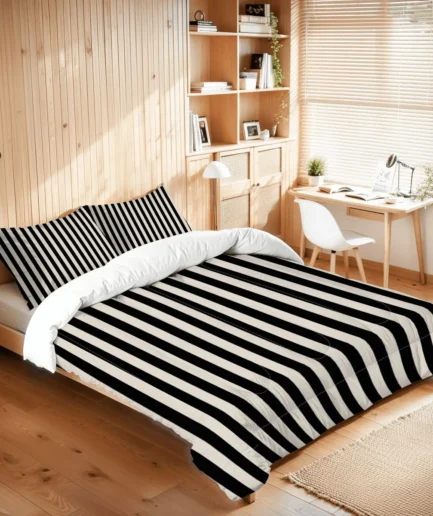 Comforter set in wooden bedroom