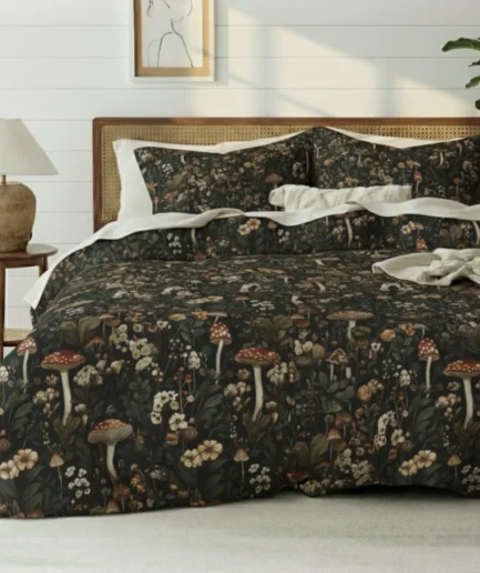 King Duvet Cover Set – Mushroom & Floral Print with Pillowcases
