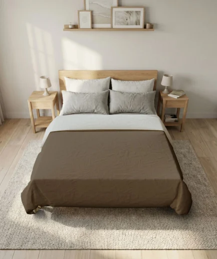 Solid brown queen size cotton duvet cover on minimalist neutral bed