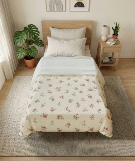 Floral Cotton Duvet Cover — Vintage Rose Print, Soft Cream Bedspread